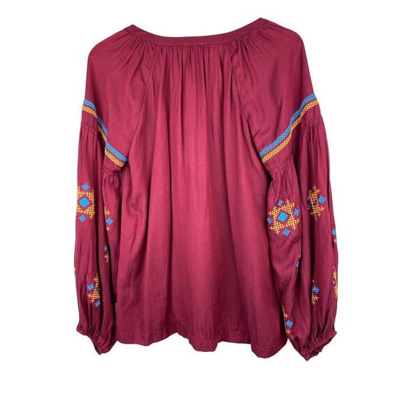 Hayden Los Angeles Women's M Burgundy Embroidered Tassel Tie Boho Blouse - Picture 4 of 6